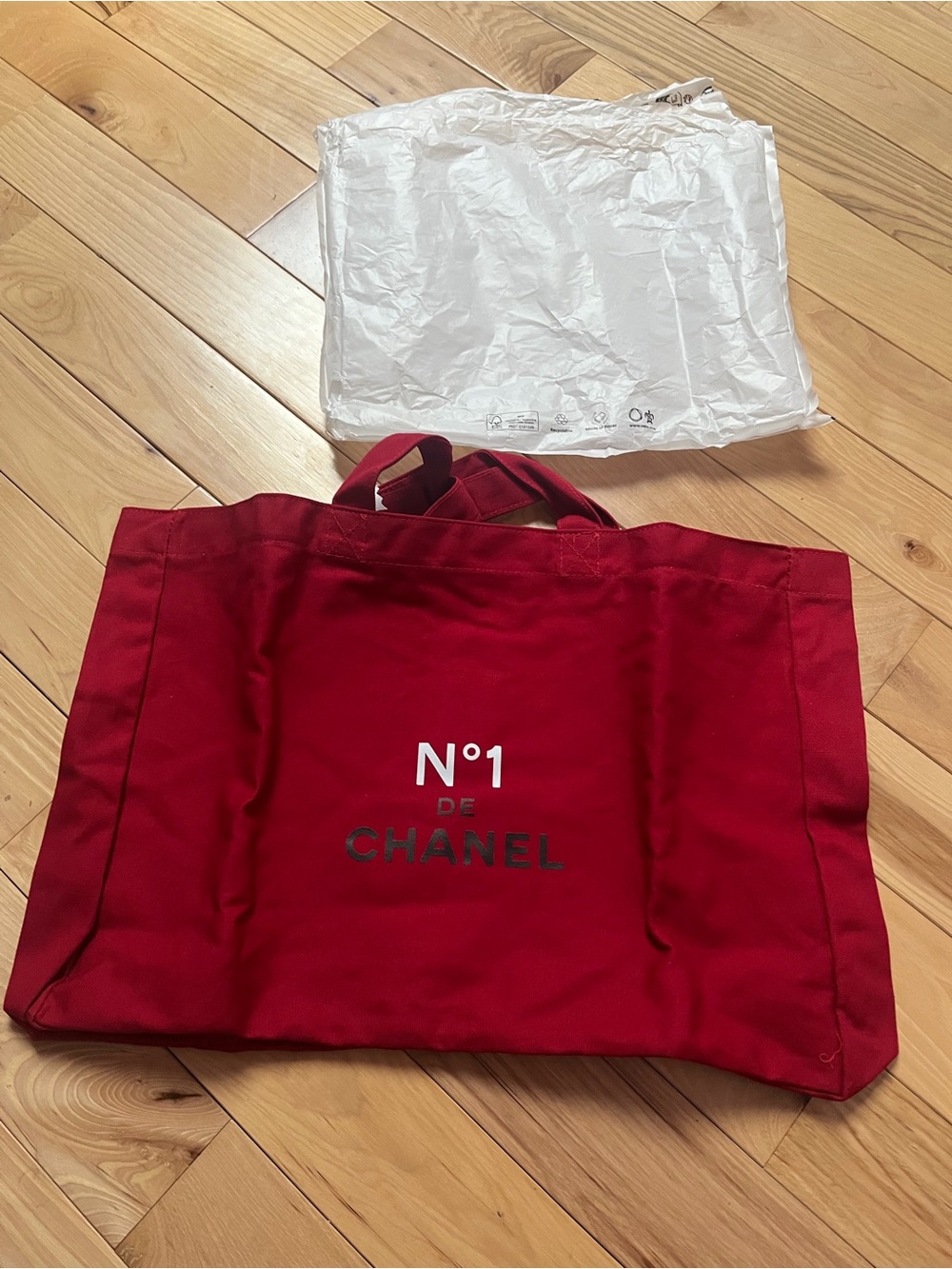 Chanel red canvas shopping tote